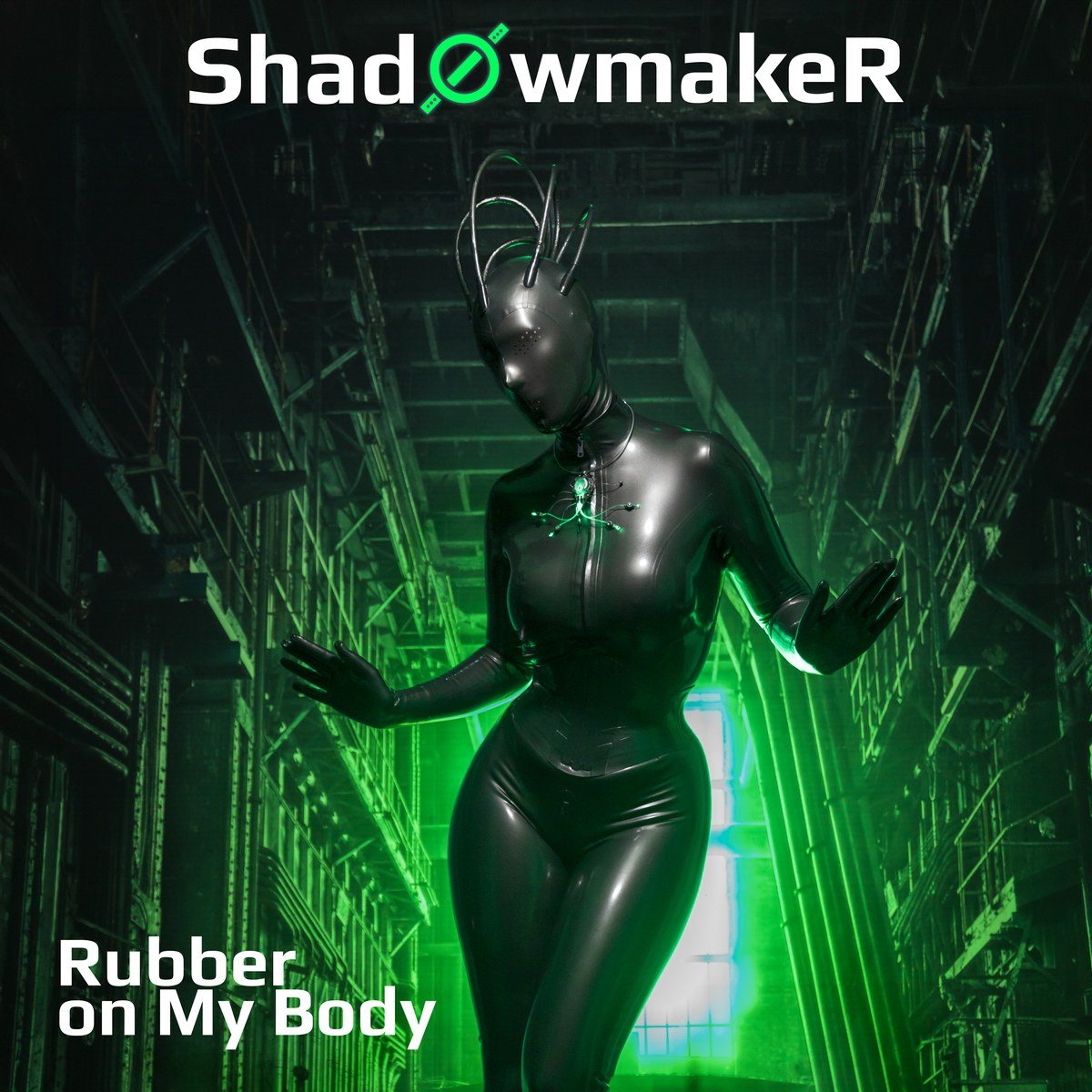 Cover of Rubber on My Body: a figure in black latex with cable antennas in a green-lit industrial hall